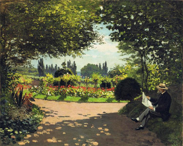 Adolphe Monet reading in the garden by Claude Monet