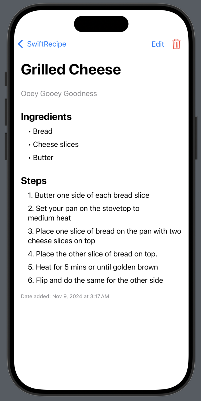 Swift Recipe App recipe page